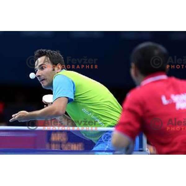 Bojan Tokic of Slovenia in action in second round of table tennis tournament in Excel at London 2012 Summer Olympic games on July 29, 2012 