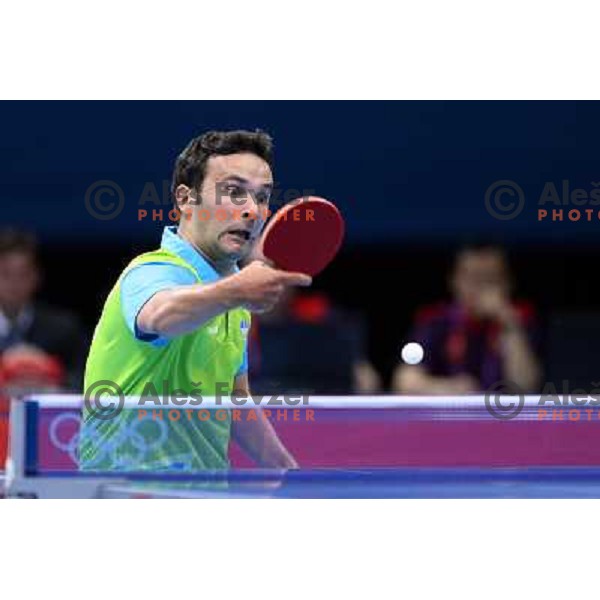 Bojan Tokic of Slovenia in action in second round of table tennis tournament in Excel at London 2012 Summer Olympic games on July 29, 2012 