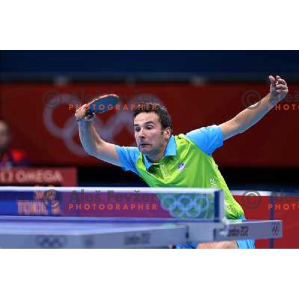 Bojan Tokic of Slovenia in action in second round of table tennis tournament in Excel at London 2012 Summer Olympic games on July 29, 2012 