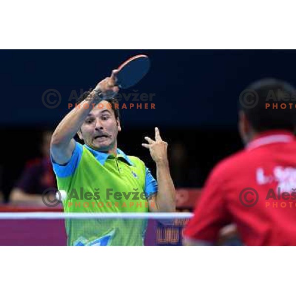 Bojan Tokic of Slovenia in action in second round of table tennis tournament in Excel at London 2012 Summer Olympic games on July 29, 2012 