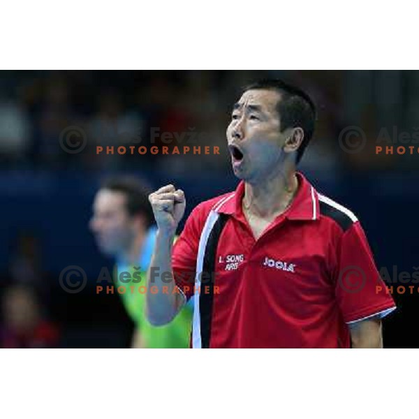 Liu Song of Argentina in action in second round of table tennis tournament in Excel at London 2012 Summer Olympic games on July 29, 2012 