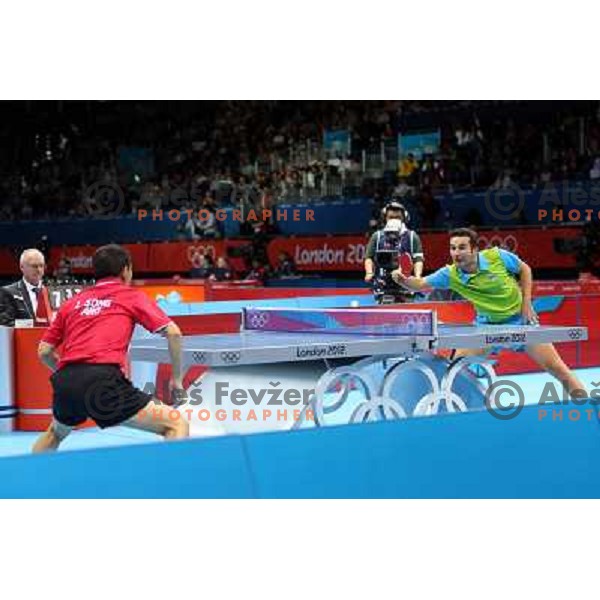 Bojan Tokic of Slovenia in action in second round of table tennis tournament in Excel at London 2012 Summer Olympic games on July 29, 2012 