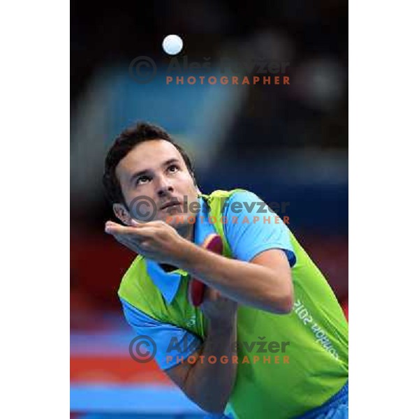 Bojan Tokic of Slovenia in action in second round of table tennis tournament in Excel at London 2012 Summer Olympic games on July 29, 2012 