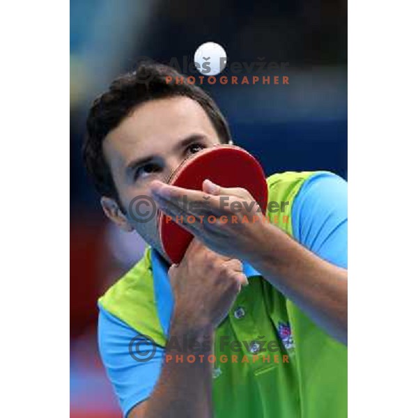 Bojan Tokic of Slovenia in action in second round of table tennis tournament in Excel at London 2012 Summer Olympic games on July 29, 2012 