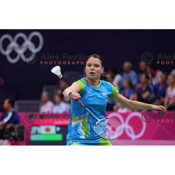 Maja Tvrdy of Slovenia in action in second round of badminton tournament in Wembley Arena at London 2012 Summer Olympic games on July 29, 2012 