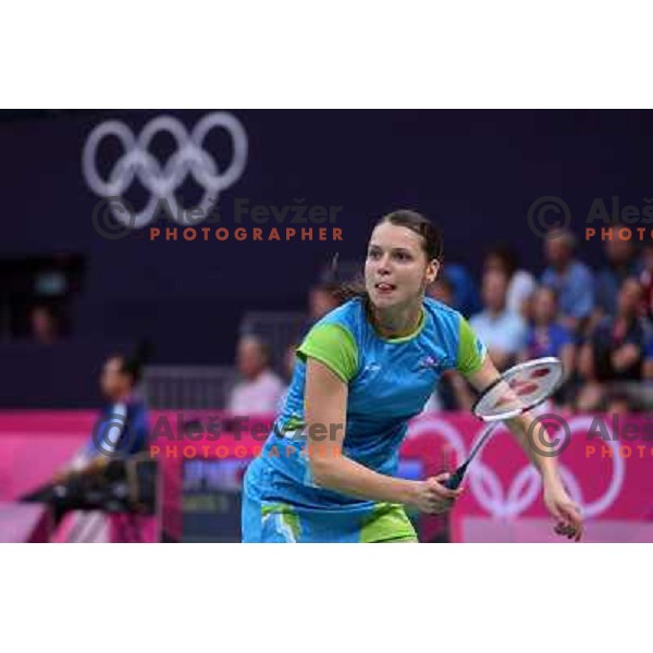 Maja Tvrdy of Slovenia in action in second round of badminton tournament in Wembley Arena at London 2012 Summer Olympic games on July 29, 2012 
