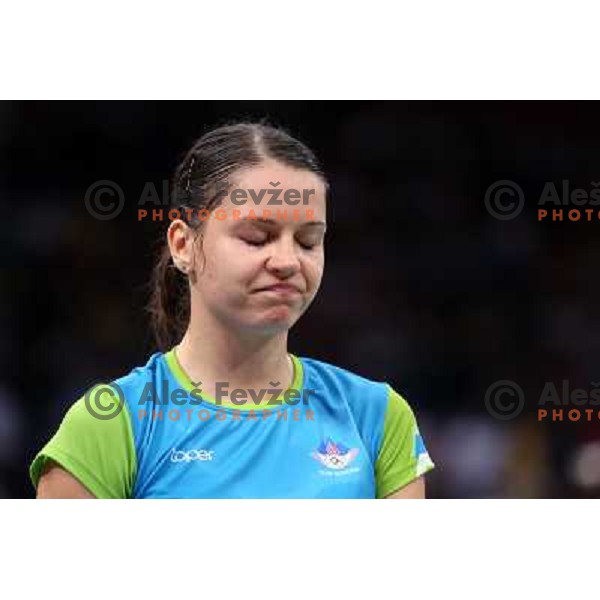 Maja Tvrdy of Slovenia in action in second round of badminton tournament in Wembley Arena at London 2012 Summer Olympic games on July 29, 2012 