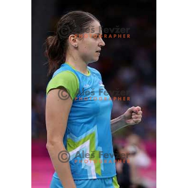 Maja Tvrdy of Slovenia in action in second round of badminton tournament in Wembley Arena at London 2012 Summer Olympic games on July 29, 2012 