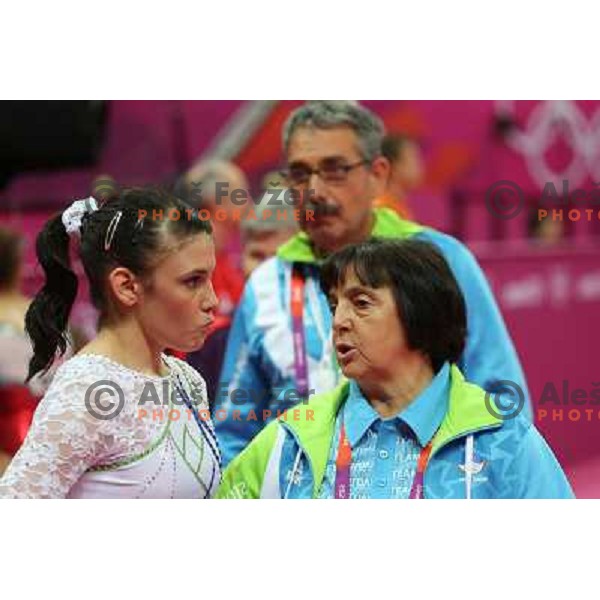 Sasa Golob and Coach Lyudmyla Korolenko of Slovenia at Artistic Gymnastics Women\'s Qualification in North Greenwich Arena at London 2012 Summer Olympic games, Great Britain on July 29, 2012 