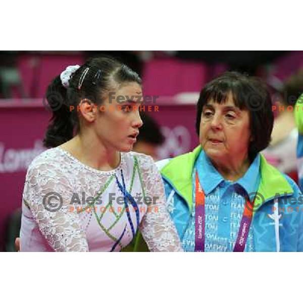 Sasa Golob and Coach Lyudmyla Korolenko of Slovenia at Artistic Gymnastics Women\'s Qualification in North Greenwich Arena at London 2012 Summer Olympic games, Great Britain on July 29, 2012 
