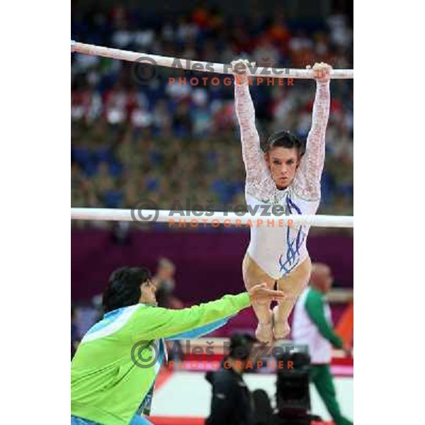 Sasa Golob and Coach Lyudmyla Korolenko of Slovenia at Artistic Gymnastics Women\'s Qualification in North Greenwich Arena at London 2012 Summer Olympic games, Great Britain on July 29, 2012 