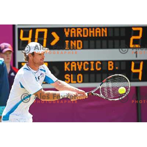 Blaz Kavcic of Slovenia in action in first round of tennis tournament in Wimbledon during London 2012 Summer Olympic Games, Great Britain on July 30, 2012 
