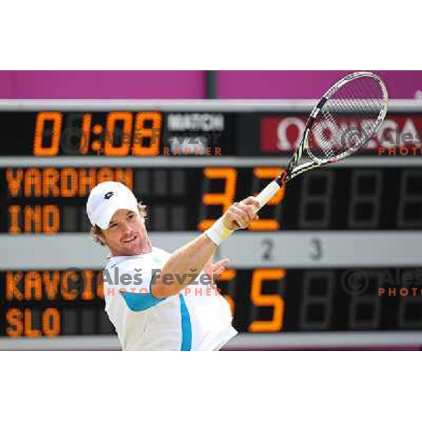 Blaz Kavcic of Slovenia in action in first round of tennis tournament in Wimbledon during London 2012 Summer Olympic Games, Great Britain on July 30, 2012 