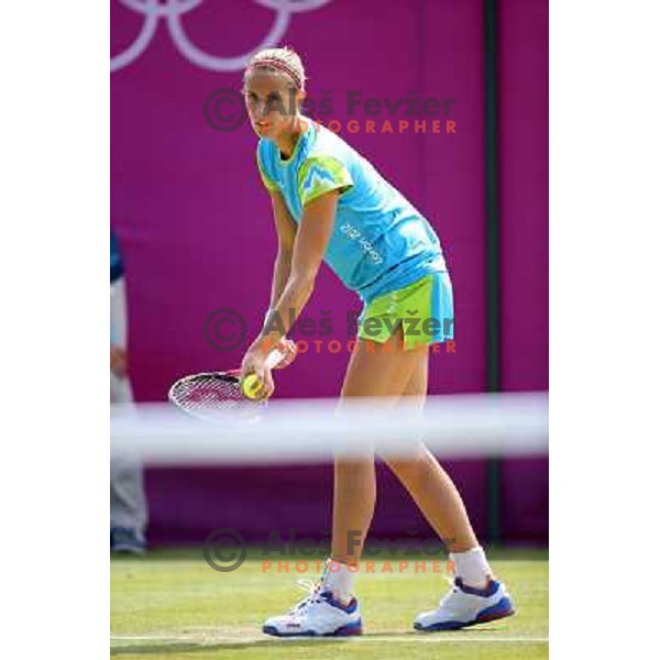 Polona Hercog of Slovenia in action in first round of tennis tournament in Wimbledon during London 2012 Summer Olympic Games, Great Britain on July 30, 2012 