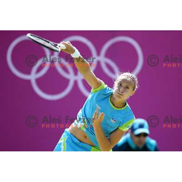 Polona Hercog of Slovenia in action in first round of tennis tournament in Wimbledon during London 2012 Summer Olympic Games, Great Britain on July 30, 2012 
