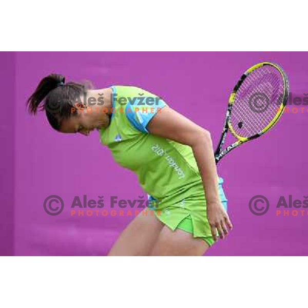 Andreja Klepac of Slovenia in action in first round of women\'s doubles tennis tournament in Wimbledon during London 2012 Summer Olympic Games, Great Britain on July 30, 2012 
