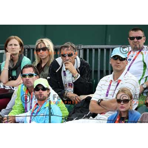 Blaz Trupej and Blaz Kavcic of Slovenia watching first round of tennis tournament in Wimbledon during London 2012 Summer Olympic Games, Great Britain on July 30, 2012 