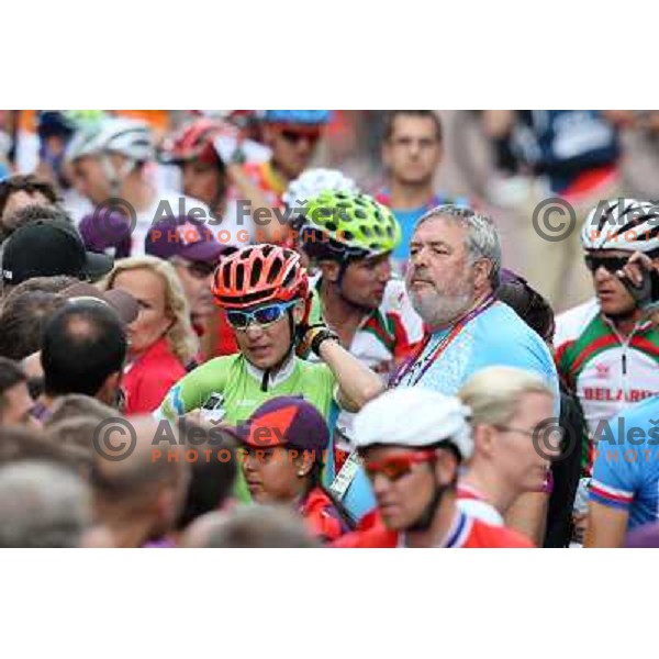 Jani Brajkovic and Brane Dmitrovic, press atachee of Slovenia at the finish of Men\'s Road race (249.5 km) during London 2012 Summer Olympic Games, Great Britain on July 28, 2012 
