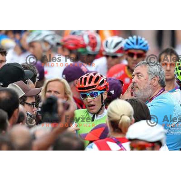 Jani Brajkovic and Brane Dmitrovic, press atachee of Slovenia at the finish of Men\'s Road race (249.5 km) during London 2012 Summer Olympic Games, Great Britain on July 28, 2012 