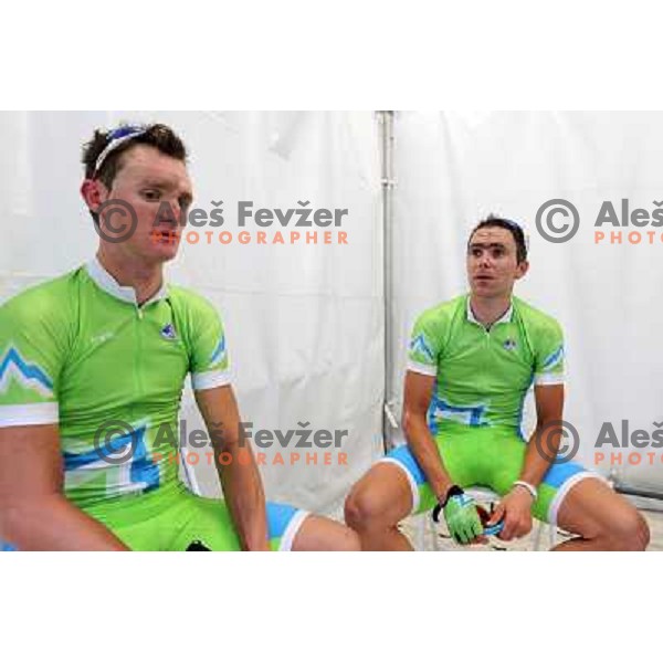 Grega Bole and Borut Bozic of Slovenia at the finish of Men\'s Road race (249.5 km) during London 2012 Summer Olympic Games, Great Britain on July 28, 2012 