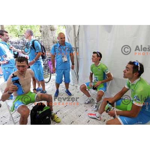 Jani Brajkovic,Milan Erzen, Grega Bole,Borut Bozic of Slovenia after the Men\'s Road race (249.5 km) during London 2012 Summer Olympic Games, Great Britain on July 28, 2012 