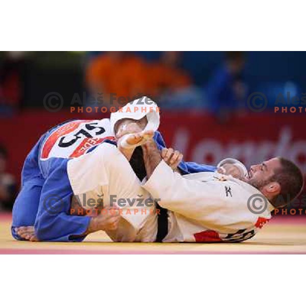 Aljaz Sedej of Slovenia fights with Travis Stevens of USA in first round of -81 kg judo tournament in Excel exhibition centre during London 2012 Summer Olympic Games, Great Britain on July 31, 2012 