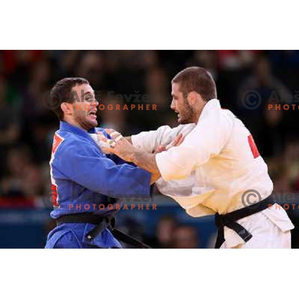 Aljaz Sedej of Slovenia fights with Travis Stevens of USA in first round of -81 kg judo tournament in Excel exhibition centre during London 2012 Summer Olympic Games, Great Britain on July 31, 2012 