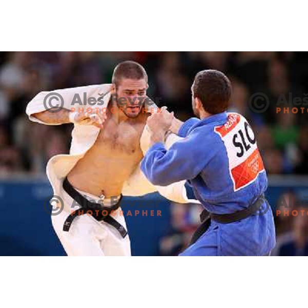 Aljaz Sedej of Slovenia fights with Travis Stevens of USA in first round of -81 kg judo tournament in Excel exhibition centre during London 2012 Summer Olympic Games, Great Britain on July 31, 2012 