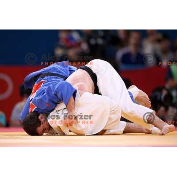 Aljaz Sedej of Slovenia fights with Travis Stevens of USA in first round of -81 kg judo tournament in Excel exhibition centre during London 2012 Summer Olympic Games, Great Britain on July 31, 2012 