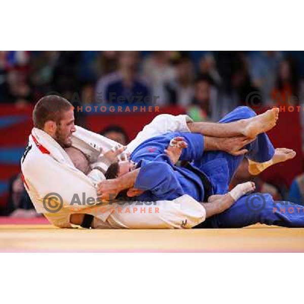 Aljaz Sedej of Slovenia fights with Travis Stevens of USA in first round of -81 kg judo tournament in Excel exhibition centre during London 2012 Summer Olympic Games, Great Britain on July 31, 2012 