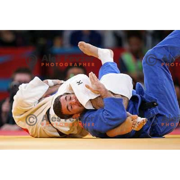 Aljaz Sedej of Slovenia fights with Travis Stevens of USA in first round of -81 kg judo tournament in Excel exhibition centre during London 2012 Summer Olympic Games, Great Britain on July 31, 2012 