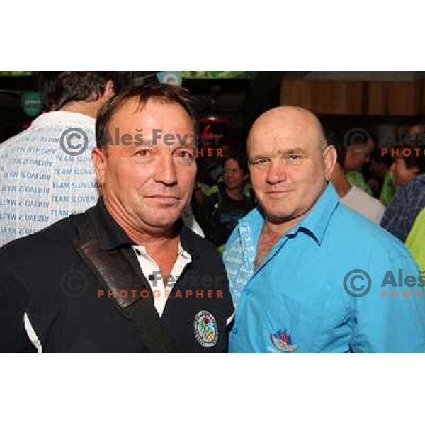 Franc Ocko and coach Marjan Fabjan of Slovenia at medal reception in Slovenia pub in Camden during London 2012 Summer Olympic games on 1st of August, 2012 