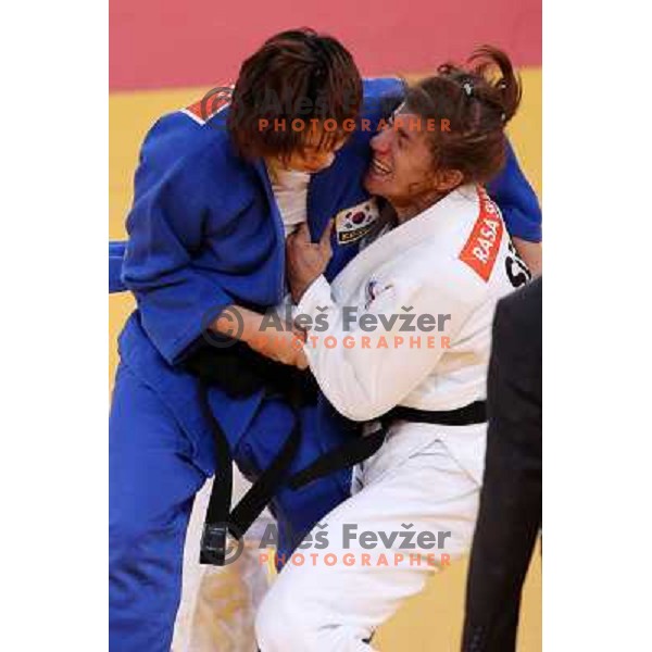 Rasa Sraka of Slovenia fights in third round of women\'s -70 kg judo tournament during London 2012 Summer Olympic games on 1st of August, 2012 