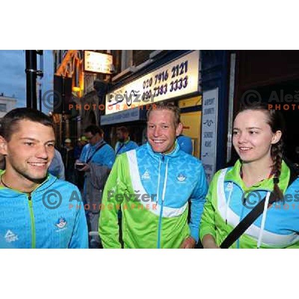 Saso Taljat, Benjamin Savsek, Ziva Dvorsak in Slovenia pub in Camden during London 2012 Summer Olympic games, Great Britain on 2nd of August 2012 