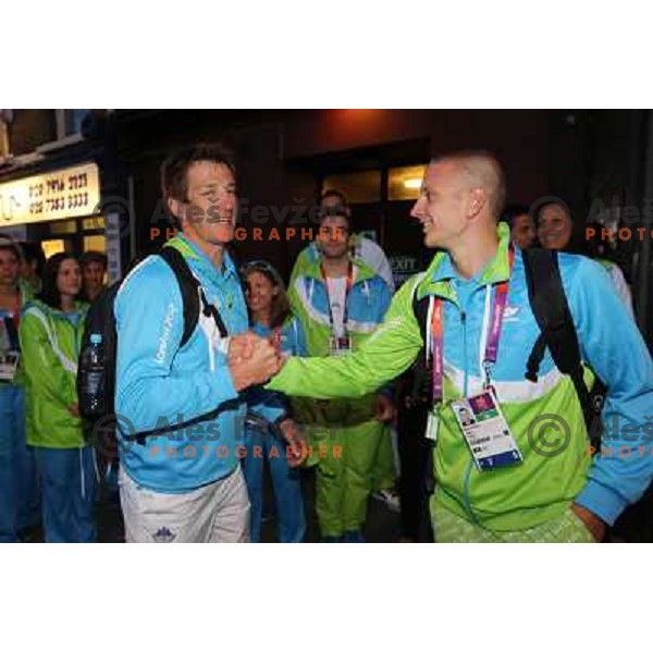 Iztok Cop of Slovenia, Olympic bronze medalist in double sculls at Eton Dorney and Robert Zbogar celebrate medal with fans in Slovenia pub in Camden during London 2012 Summer Olympic games, Great Britain on 2nd of August 2012 