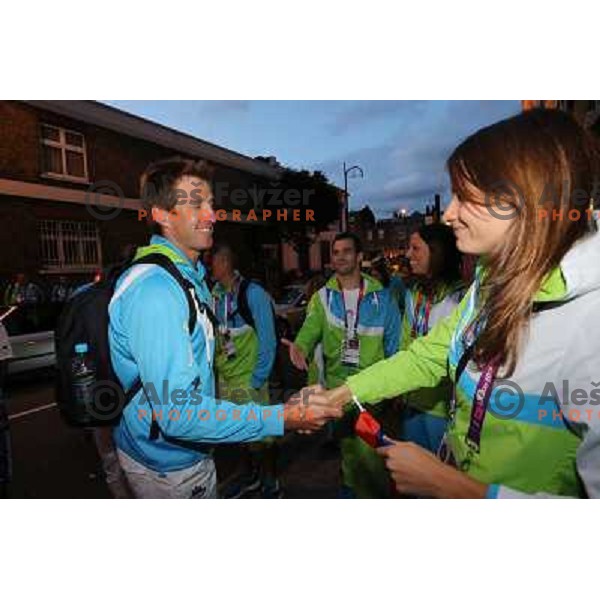 Iztok Cop of Slovenia, Olympic bronze medalist in double sculls at Eton Dorney and Sara Isakovic celebrate medal with fans in Slovenia pub in Camden during London 2012 Summer Olympic games, Great Britain on 2nd of August 2012 