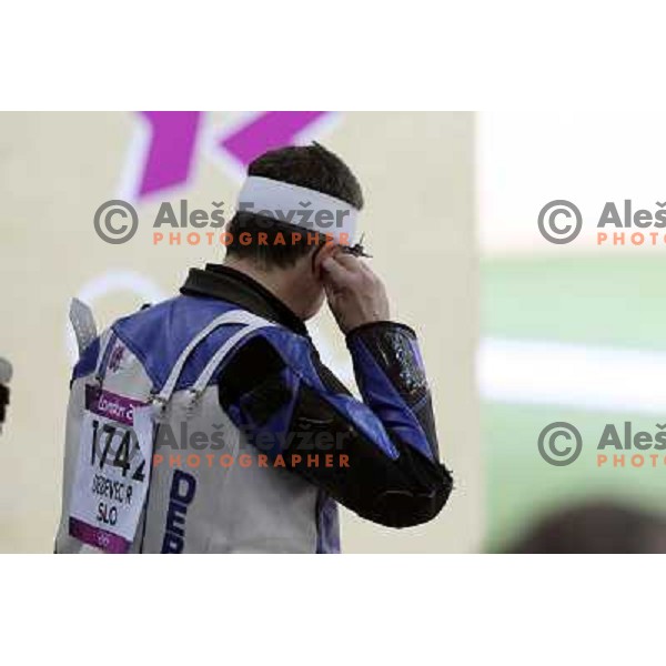 Rajmond Debevec of Slovenia competes in shooting with rifle on 50 meters at Royal Artillery Barracks during London 2012 Summer Olympic games, Great Britain on August 3,2012 