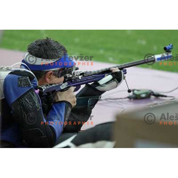 Rajmond Debevec of Slovenia competes in shooting with rifle on 50 meters at Royal Artillery Barracks during London 2012 Summer Olympic games, Great Britain on August 3,2012 
