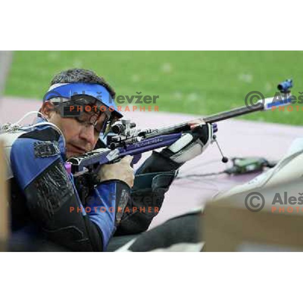 Rajmond Debevec of Slovenia competes in shooting with rifle on 50 meters at Royal Artillery Barracks during London 2012 Summer Olympic games, Great Britain on August 3,2012 