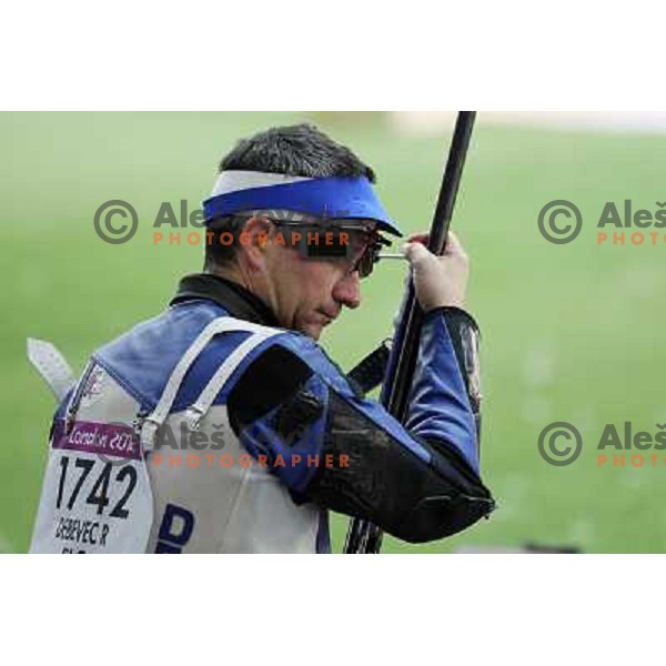 Rajmond Debevec of Slovenia competes in shooting with rifle on 50 meters at Royal Artillery Barracks during London 2012 Summer Olympic games, Great Britain on August 3,2012 