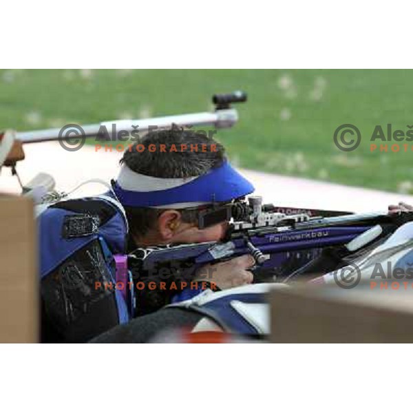 Rajmond Debevec of Slovenia competes in shooting with rifle on 50 meters at Royal Artillery Barracks during London 2012 Summer Olympic games, Great Britain on August 3,2012 