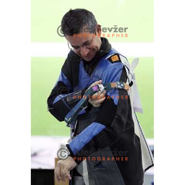 Rajmond Debevec of Slovenia competes in shooting with rifle on 50 meters at Royal Artillery Barracks during London 2012 Summer Olympic games, Great Britain on August 3,2012 