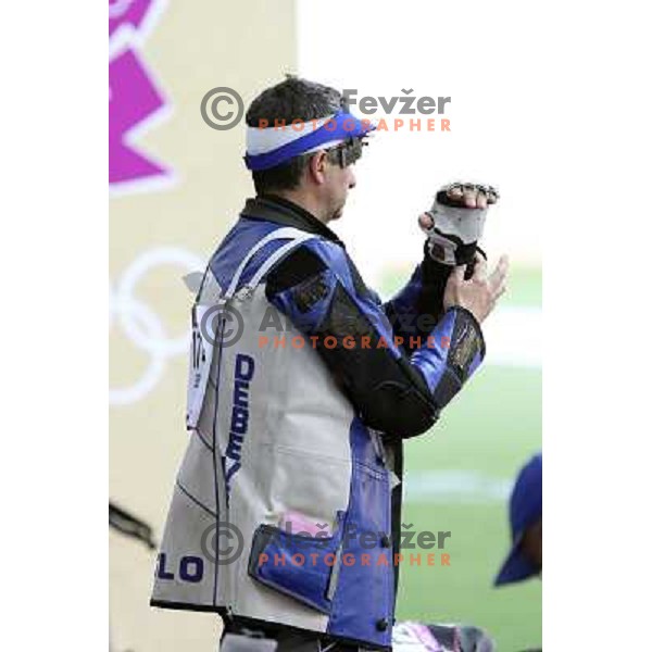 Rajmond Debevec of Slovenia competes in shooting with rifle on 50 meters at Royal Artillery Barracks during London 2012 Summer Olympic games, Great Britain on August 3,2012 
