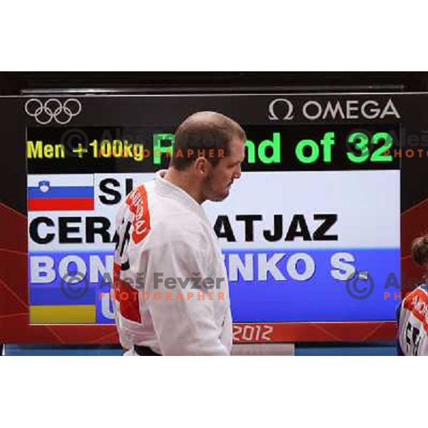 Matjaz Ceraj of Slovenia fights in first round of judo tournament 100+ category in ExCel during London 2012 Summer Olympic games, Great Britain on August 3,2012 