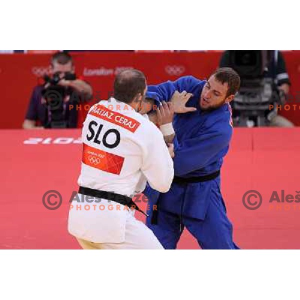 Matjaz Ceraj of Slovenia fights in first round of judo tournament 100+ category in ExCel during London 2012 Summer Olympic games, Great Britain on August 3,2012 