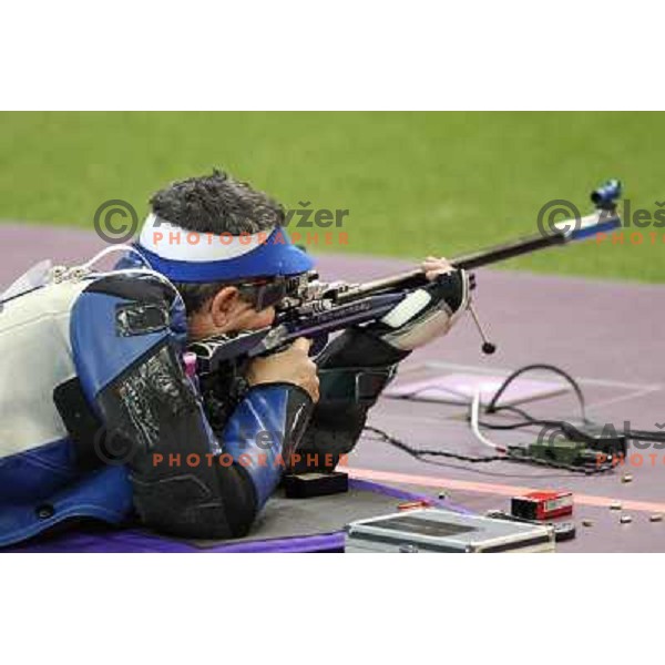 Rajmond Debevec of Slovenia, olympic bronze medalist in men\'s 50 m Rifle Prone shooting competition at Royal Artillery Barracks, London 2012 Olympic games, Great Britain on August 3, 2012 