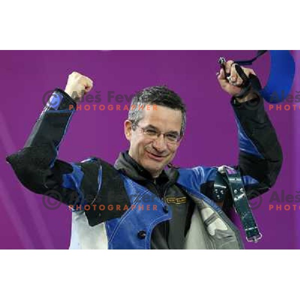 Rajmond Debevec of Slovenia, olympic bronze medalist in men\'s 50 m Rifle Prone shooting competition at Royal Artillery Barracks, London 2012 Olympic games, Great Britain on August 3, 2012 
