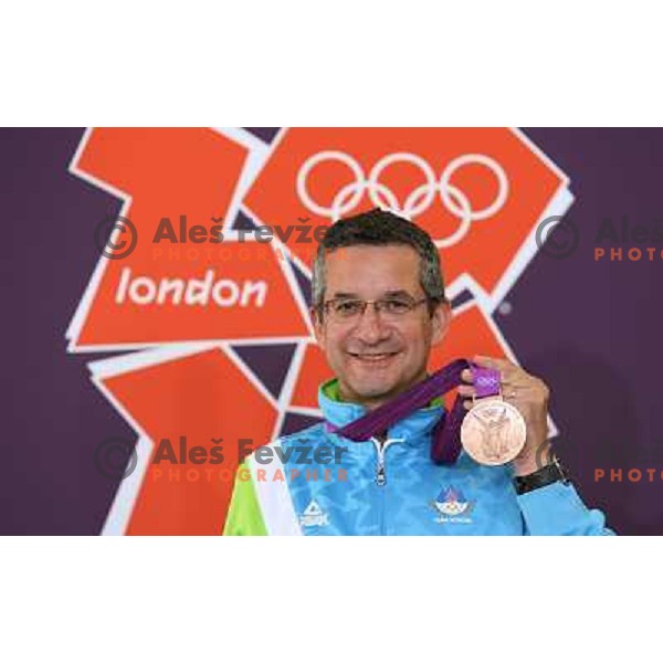Rajmond Debevec of Slovenia, olympic bronze medalist in men\'s 50 m Rifle Prone shooting competition at Royal Artillery Barracks, London 2012 Olympic games, Great Britain on August 3, 2012 