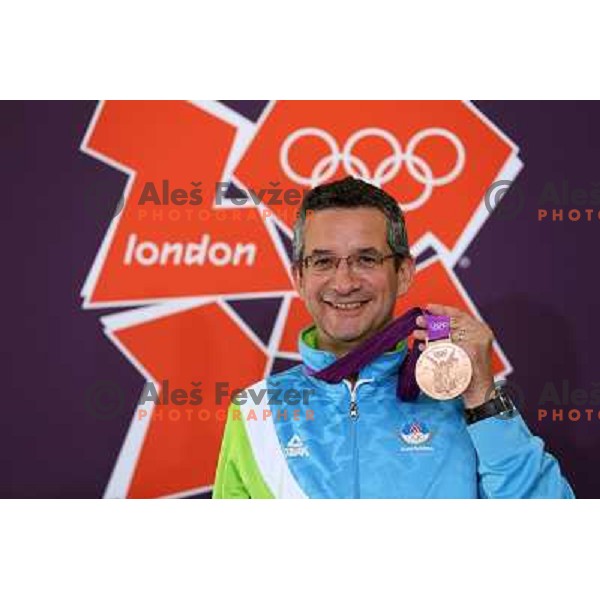 Rajmond Debevec of Slovenia, olympic bronze medalist in men\'s 50 m Rifle Prone shooting competition at Royal Artillery Barracks, London 2012 Olympic games, Great Britain on August 3, 2012 