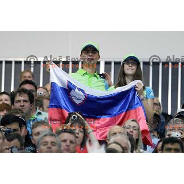 Slovenian fans cheer at men\'s 50 m Rifle Prone shooting competition at Royal Artillery Barracks, London 2012 Olympic games, Great Britain on August 3, 2012 